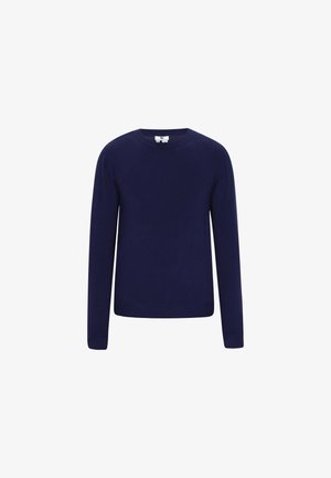 Tmavě modrý svetr s dlouhým rukávem vyrobený z měkké bavlny. Má kulatý výstřih a žebrované manžety a lem, s hladkou a rovnoměrnou strukturou.