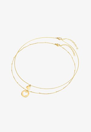 Kulla-tonis kahekihiline kaelakee, mis sisaldab südamekujulisi ripatseid, õrna helmedega ketti ja reguleeritavat pikkust koos lõksuklambriga.