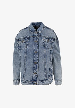 Hele sinine teksajakk, millel on klassikaline krae, nööbid, pikad varrukad, kaks rinnataskut ja lõdva lõikega.