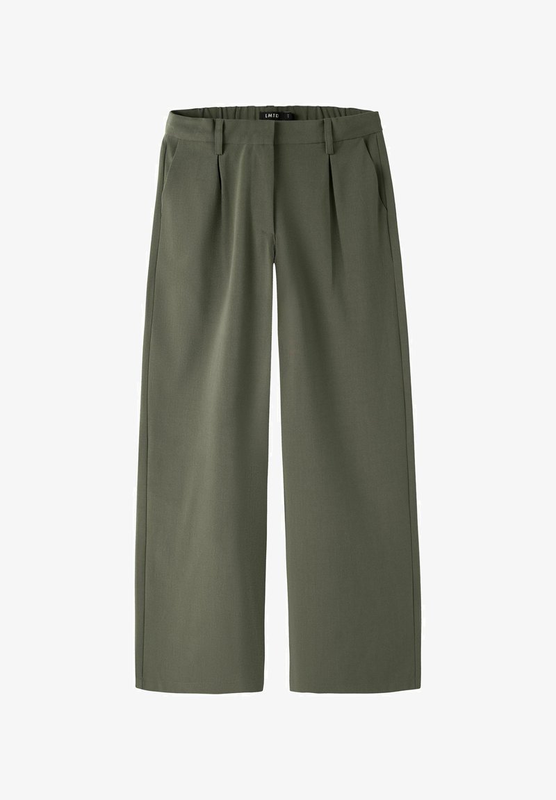 Hlače širokih nogavica maslinaste boje od glatkog materijala, s visokim strukom, nabranim dijelom sprijeda i petljama za remen.