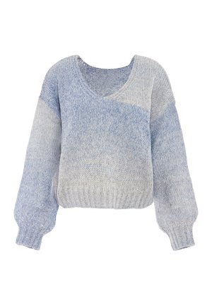 Gekürzter Pullover in hellblauen und grauen Farbtönen, mit V-Ausschnitt, Ballonärmeln und gerippten Bündchen. Strickstruktur mit weichem Finish.