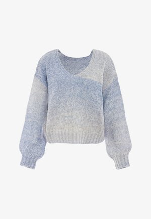Gekürzter Pullover in hellblauen und grauen Farbtönen, mit V-Ausschnitt, Ballonärmeln und gerippten Bündchen. Strickstruktur mit weichem Finish.
