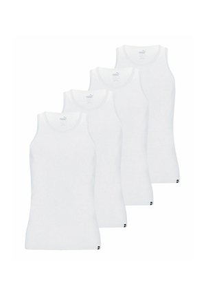 Four white tank tops made of soft cotton, featuring a rounded neckline and wide shoulder straps, with a logo tag on the hem.