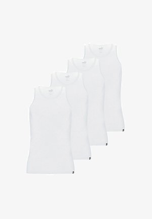 Four white tank tops made of soft cotton, featuring a rounded neckline and wide shoulder straps, with a logo tag on the hem.