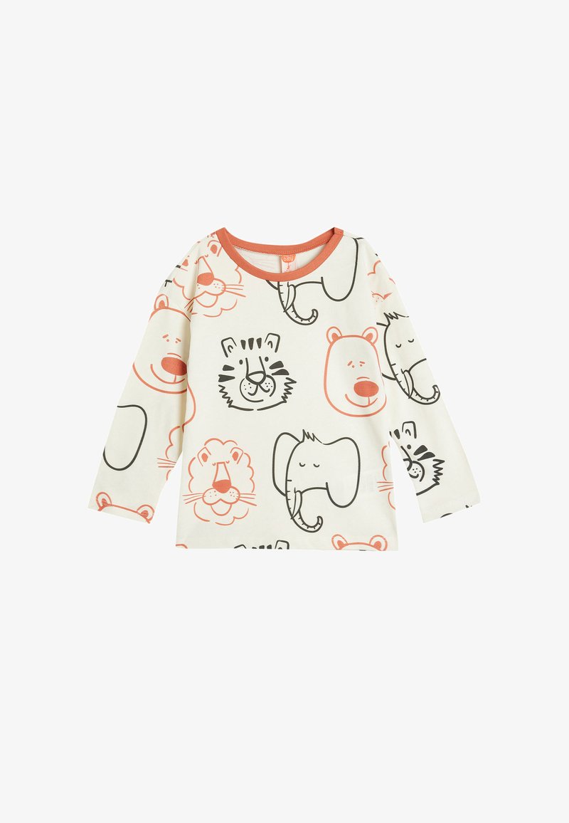 Camicetta a maniche lunghe per bambini con facce di animali in nero e pesca su sfondo crema, con rifinitura arancione al collo.