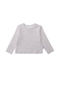 Hellgraues Langarmshirt aus weich gewebtem Stoff. Verfügt über einen Rundhalsausschnitt und zwei Druckknöpfe an der Schulter. Etikett an der Seite.
