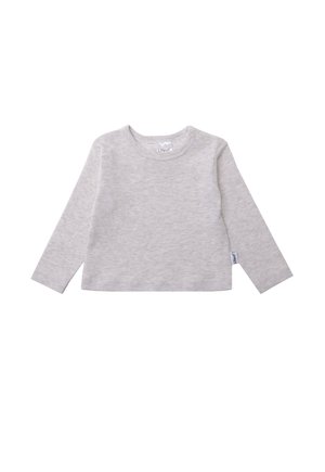 Hellgraues Langarmshirt aus weich gewebtem Stoff. Verfügt über einen Rundhalsausschnitt und zwei Druckknöpfe an der Schulter. Etikett an der Seite.