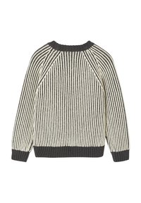 Creme- und dunkelgrau gestreifter Pullover mit gerippter Textur, Rundhalsausschnitt und Raglanärmel, mit einem einfarbigen dunkelgrauen Saum und Bündchen.