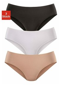 Drei-Pack Damen-Hipster-Unterwäsche in Schwarz, Weiß und Nude. Glattes Material, nicht-lace Design, mittlere Bundhöhe und keine sichtbaren Nähte.