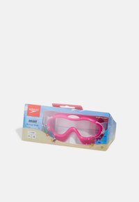 Pink infant dive mask with a soft silicone frame, clear lenses, and packaging featuring aquatic designs. Suitable for ages 2-6 years.