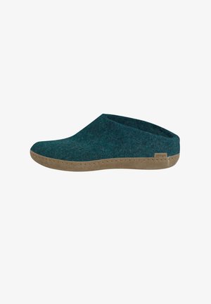 Teal felt slipper with a curved design, brown suede-like sole, and a stitched edge. Features a small label on the side.