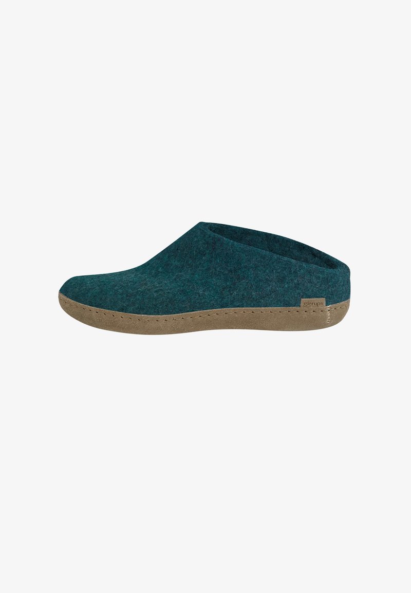 Teal felt slipper with a curved design, brown suede-like sole, and a stitched edge. Features a small label on the side.