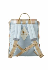 Light blue and beige checkered backpack with padded straps, top handle, and a diamond logo tag. Features a simple clasp and textured finish.