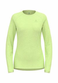 Langärmliges Hemd in leuchtendem Limettengrün, aus strukturiertem Stoff mit Rundhalsausschnitt und flachen Nähten. Es hat ein kleines Logo auf der Brust.