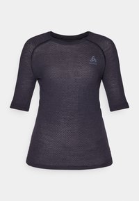 Black, short-sleeved athletic shirt made of breathable mesh fabric. It features a round neckline and a small logo on the chest.