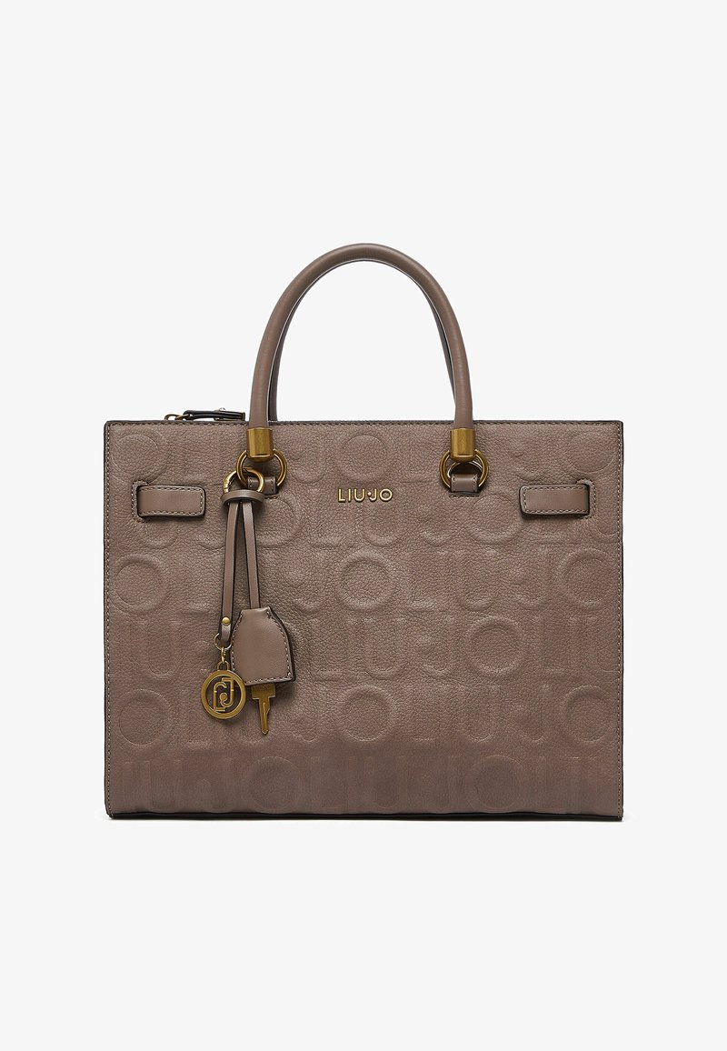 Sac à main Liu Jo en cuir taupe avec motif de logo embossé, quincaillerie dorée, doubles poignées et breloque pompon suspendu avec clé et médaillon logo.
