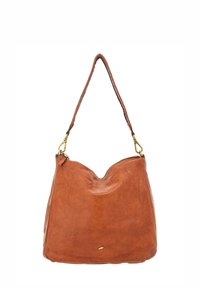 Borsa hobo in pelle marrone con una forma morbida e curvata. Presenta una tracolla in metallo ottone e un logo di pesce discreto impresso sul davanti.