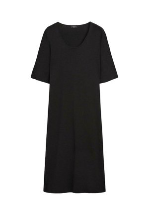 Zwarte jurk tot op de knie met korte mouwen en een ronde hals, getoond op een witte achtergrond.