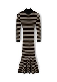 Sukienka w paski z prążkowanej tkaniny, z długimi rękawami, wysokim dekoltem, w czarno-beżowych kolorach oraz rozkloszowanym dołem.