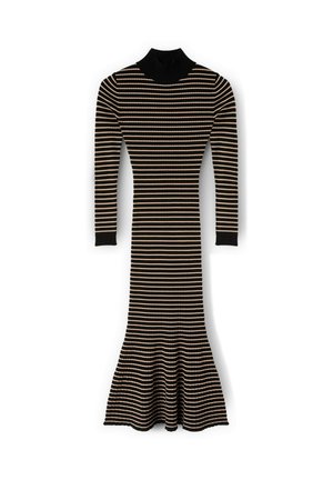 Raidallinen mekko, jossa on ribattua pintaa, pitkät hihat, korkea kaulus, musta ja beige väri sekä levenevä helma alaosassa.