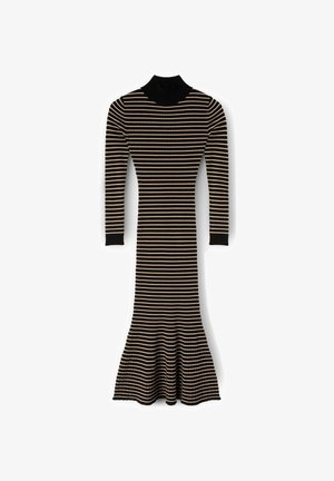 Gestreepte jurk met een ribbelstructuur, lange mouwen, hoge hals en een uitlopende zoom aan de onderkant in zwart en beige kleuren.