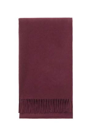 Burgundy scarf made of soft fabric, featuring a smooth texture and fringe detailing along one edge. Rectangular shape.