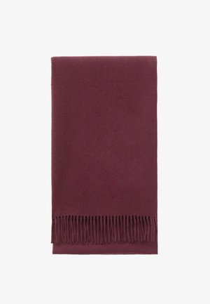 Burgundy scarf made of soft fabric, featuring a smooth texture and fringe detailing along one edge. Rectangular shape.