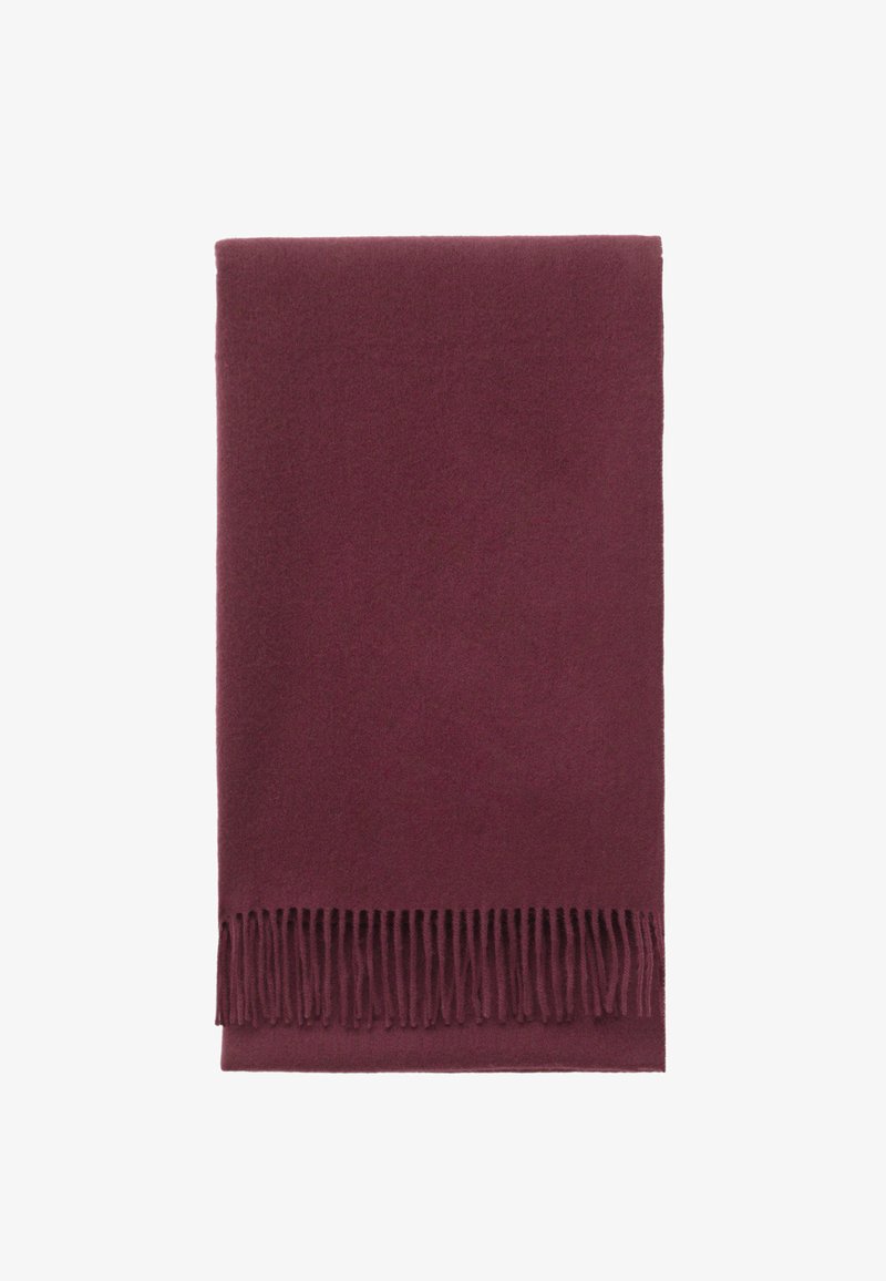 Écharpe bordeaux en tissu doux, avec une texture lisse et des franges le long d'un bord. Forme rectangulaire.
