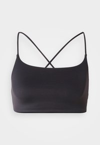 Crni bralette s glatkom teksturom, sa tankim naramenicama koje se križaju na leđima za minimalistički dizajn.