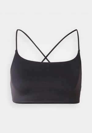 Črna bralette z gladko teksturo, s tankimi naramnicami, ki se križajo na hrbtu za minimalističen dizajn.