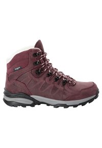 Stivali da trekking in pelle bordeaux con superficie texturizzata, colletto imbottito, dettagli neri e lacci bianchi a contrasto. Suola in gomma resistente per una buona aderenza.