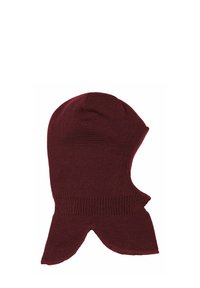 Balaclava tricotată de culoare burgundy, cu un design fără cusături, vârf rotunjit și deschideri pentru față. Prezintă o textură ribbed la gât și la margini.