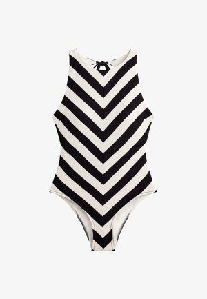Zwart-wit gestreept, mouwloos eendelig badpak met chevronpatroon en striksluiting aan de achterkant van de halslijn.