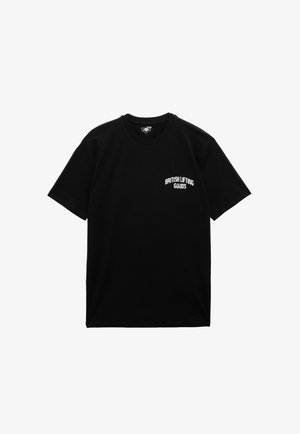 Black cotton t-shirt featuring a crew neckline and short sleeves. Small white print reads "BRITISH LIFTING GOODS" on the left chest.
