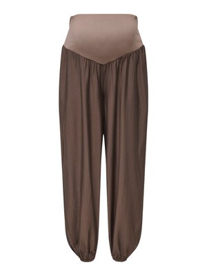 Pantaloni premaman marroni con fascia elastica alta in vita e polsini arricciati, progettati per comfort e supporto.