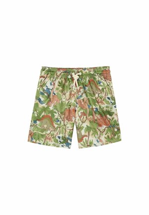 Shorts de bain en tissu léger, avec une base beige ornée d'un motif coloré de dinosaures et de feuillage, et une taille élastique avec cordon de serrage.