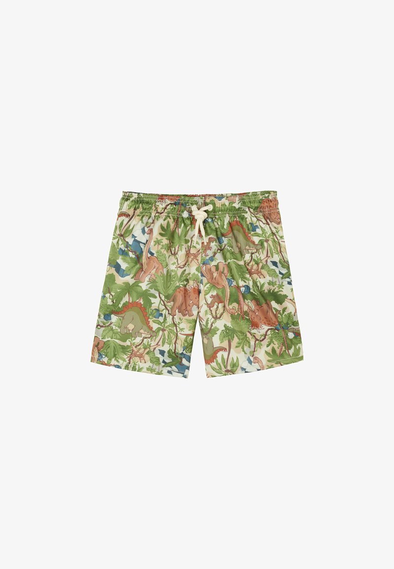 Plavky vyrobené z lehkého materiálu, s béžovým základem a barevným vzorem dinosaurů a listí, se snadno elastickým pasem a stahovací šňůrkou.