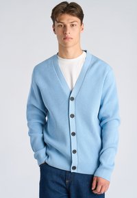 Giovane uomo che indossa un cardigan a coste azzurro chiaro con bottoni sopra una camicia bianca e jeans blu scuro, in piedi davanti a uno sfondo neutro.