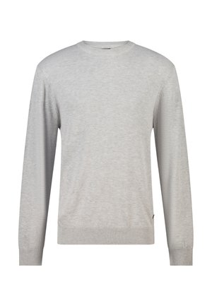 Hellgrauer Pullover mit Rundhalsausschnitt und langen Ärmeln, mit gerippten Bündchen und Saum, gefertigt aus feinem Strickstoff.