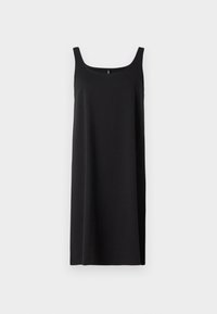 Rochie neagră fără mâneci, cu decolteu pătrat, realizată dintr-un material moale și neted, având un croi drept și lejer, fără modele sau embellishments.