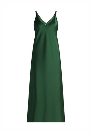 Ärmelloses dunkelgrünes Satinkleid mit V-Ausschnitt und knöchellangem Saum.