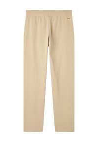 Pantalones elásticos beige con cintura elástica y textura suave. Diseño clásico con piernas rectas, sin bolsillos y con un detalle mínimo.