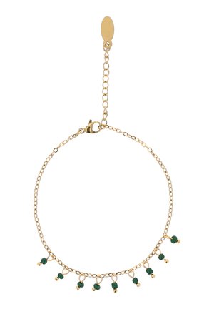 Finom arany lánc karkötő kis zöld gyönggyel és arany golyó medálokkal egyenletesen elosztva a láncon, állítható kapoccsal.
