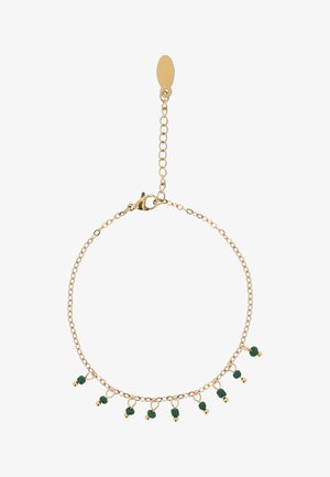 Fijn gouden kettingarmband met kleine groene kraal en gouden bolvormige bedels, gelijkmatig verdeeld langs de ketting en voorzien van een verstelbare sluiting.