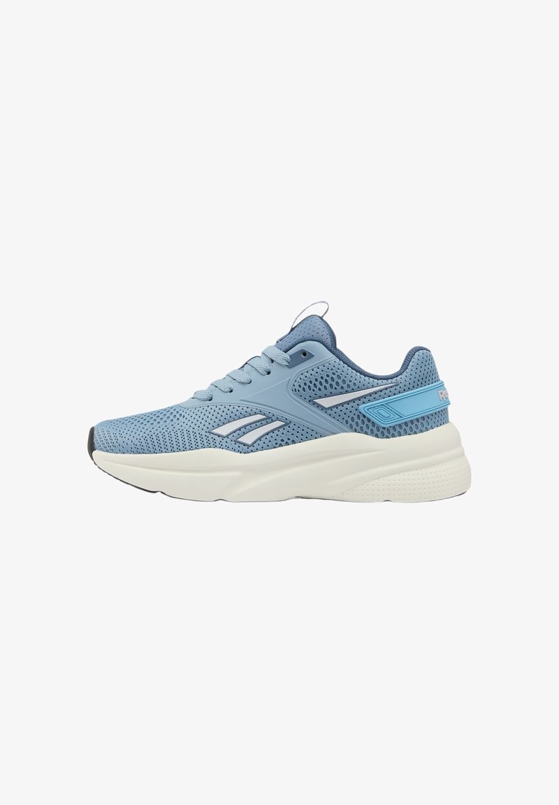 Light blue mesh athletic shoe with white sole, lace-up front, and Reebok logo on side and heel strap.