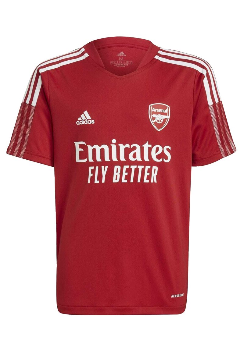 Camiseta de fútbol roja del Arsenal con logo de Adidas en blanco, tres rayas blancas en los hombros y texto del patrocinador "Emirates Fly Better".