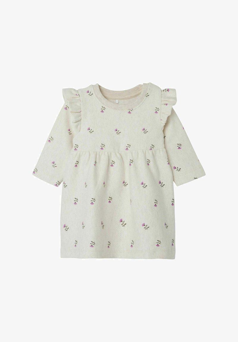 Abito lungo beige chiaro a maniche lunghe con motivi floreali, maniche arricciate e vita raccolta, realizzato in un morbido tessuto con una finitura texture.