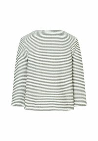 Gestreiftes Oberteil mit minimalistischem Design, grün-weißen horizontalen Streifen, rundem Ausschnitt und 3/4-Ärmeln. Weicher Stoff.