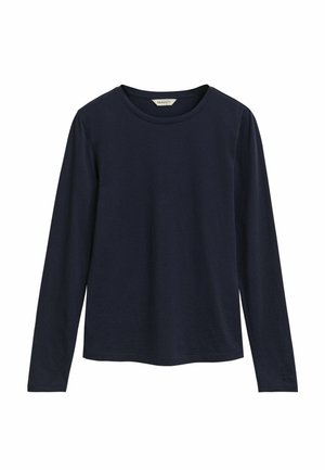 T-shirt à manches longues marine en coton. Présente un col rond et une coupe droite. Texture lisse, sans motifs ni accents.