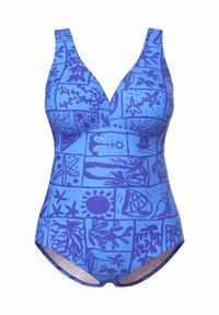 Maillot de bain une pièce bleu avec un motif illustrant divers thèmes océaniques en bleu foncé. Décolleté en V et bretelles de soutien.